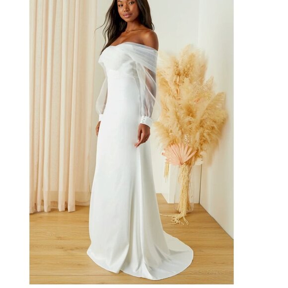 Blissfully Loved White Satin Organza Off-the-Shoulder Maxi Dress Medium NWOT - Picture 3 of 5